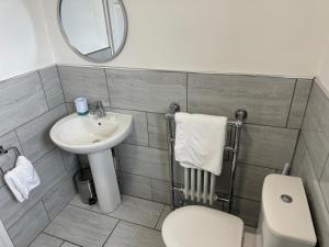 a bathroom with a sink and a toilet and a mirror at Merrick Lodge Hotel in Coventry