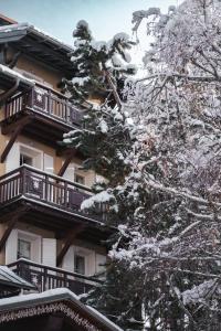 a snow covered tree in front of a building at Lodge Park in Meg&egrave;ve