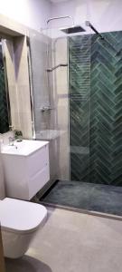 W łazience znajduje się prysznic, toaleta i umywalka. w obiekcie Kamienica w Gdańsku w Gdańsku