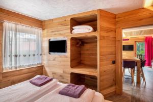 a bedroom with two beds and a tv in a room at Tana del picchio Rosso in Falcade