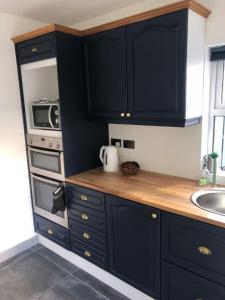 a kitchen with black cabinets and a sink and a microwave at The Blue Garden Flat in Belfast