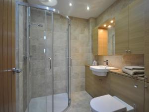 a bathroom with a shower and a toilet and a sink at 2 bed in Abergavenny 65965 in Pandy