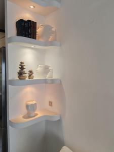 een kamer met planken met een vaas en boeken bij Thalia Luxury Apartment in Kavala