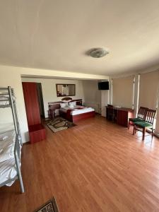 Cette grande chambre comprend un lit et un bureau. dans l'établissement Conacul de pe Lac, à Şagu