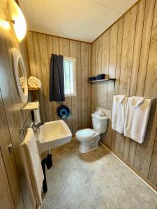 a wooden bathroom with a toilet and a sink at Chalets Camping Bernatchez in Mont-saint-pierre
