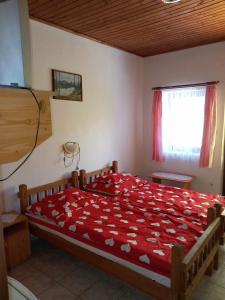 Zsuzsa Apartman في بوروشلو: غرفة نوم بسرير كبير مع بطانية حمراء