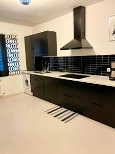 a kitchen with black cabinets and a sink at Azkoitia In the heart of the Basque Country in Azcoitia