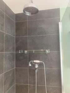 a bathroom with a shower with a shower head at Beautiful stone cottage in peaceful village in Richmond +16 photos