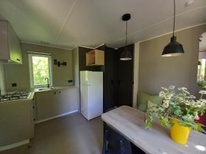 a kitchen with a refrigerator and a table with flowers on it at Camping Villaggio Il Collaccio in Preci