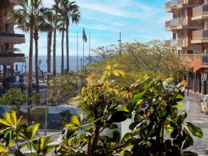 vista para a praia e palmeiras de um edifício em Apartment Galan by Interhome em Sant Antoni de Calonge