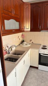a kitchen with wooden cabinets and a sink at Proluxe Apartments in Alexandroupoli