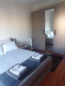 ヴィラ・ノーヴァ・デ・フォス・コアにあるCASA SENHORA DA VEIGAのベッドと大きな鏡のある寝室