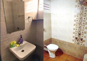 two pictures of a bathroom with a toilet and a sink at Nenapu Beachfront Mangalore in Mangalore