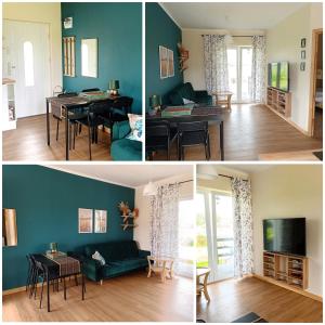 two pictures of a living room and a dining room at Apartamenty Poświata - dwupokojowe, dla całej rodziny, nad morzem, ze wspaniałym widokiem na łąki in Bobolin