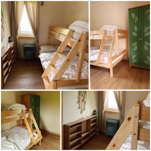 a group of four pictures of a room with bunk beds at Apartamenty Poświata - dwupokojowe, dla całej rodziny, nad morzem, ze wspaniałym widokiem na łąki in Bobolin