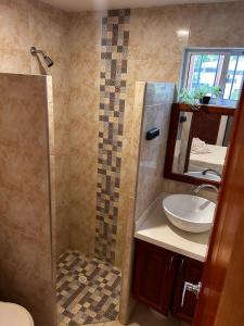 a bathroom with a sink and a shower at Casa Boutique Rincon in San Onofre