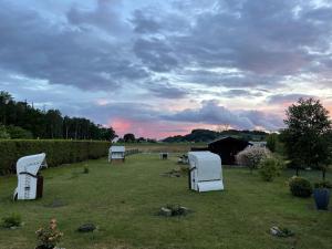 un campo con dos electrodomésticos blancos en un patio en Gästehaus am Brook mit 5 Ferienwohnungen, en Moritzdorf