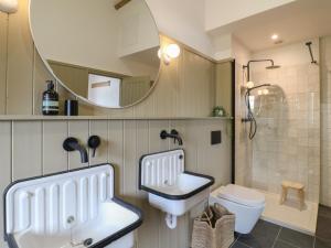 a bathroom with a sink and a toilet and a mirror at Alder Cottage - Fold Yards in Belper +12 photos