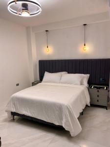 a bedroom with a large white bed and two lights at RIG Colonial Experience in Santo Domingo