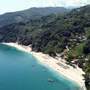 an aerial view of a beach with a bunch of chairs at Hara's House Pelion in Makrirrákhi
