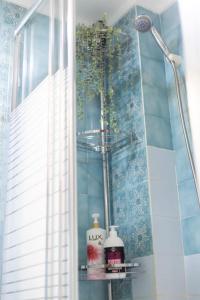 baño con ducha y 2 botellas de jabón en Center Proluxe Apartment, en Alexandroupoli 21 fotos más