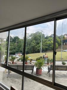 uma vista a partir de uma janela de um parque com bancos em Lujoso apartamento central y moderno em Manizales