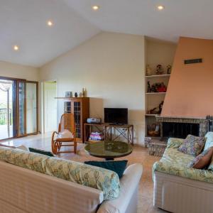 Marva Residence - comfortable 8-person retreat في Nerómilos: غرفة معيشة مع أريكة ومدفأة