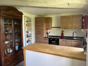 cocina con armarios de madera y encimera en La Coraline, en Laubressel