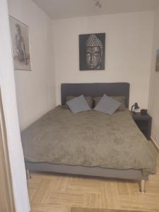 een bed met twee kussens in een slaapkamer bij bel Appartement les pieds dans l'eau in Villeneuve-Loubet