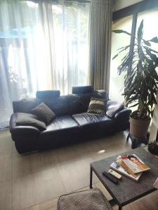 a black leather couch in a living room with a table at bel Appartement les pieds dans l'eau in Villeneuve-Loubet