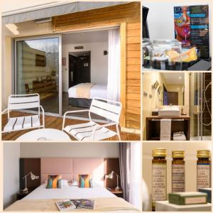 un collage de fotos de un dormitorio y una cama en Hype Hôtel, en Biscarrosse