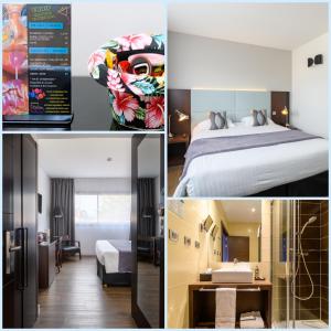 un collage de photos d'une chambre d'hôtel dans l'établissement Hype Hôtel, à Biscarrosse