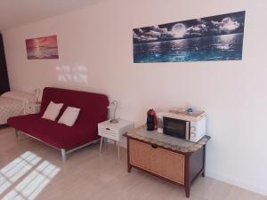 Gran Estudio de 50m2 cerca Costa Brava في فيدريريس: غرفة معيشة مع كرسي احمر وميكرويف