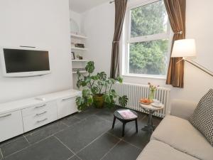 Una sala de estar con un sofá y un televisor. en Dale Cottage, en Llanrwst