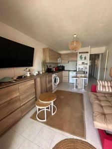 a living room with a couch and a table and a tv at Appartement en face mer in Six-Fours-les-Plages