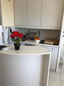 une cuisine avec des armoires blanches et des fleurs rouges sur un comptoir dans l'établissement Cap esterel magnifique T3, à Saint-Raphaël
