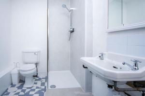 a white bathroom with a toilet and a sink at Soap Barn - 1 Bedroom Cottage - Manorbier in Manorbier +24 photos