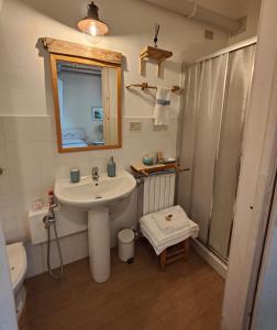 La salle de bains est pourvue d'un lavabo, d'une douche et de toilettes. dans l'établissement La collina sui trabocchi, à Ortona