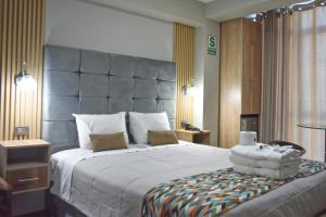 瓦努科的住宿－Hotel San Francisco，一间卧室配有一张大床和大床头板