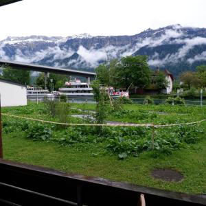 a view of a field with a boat in the distance at Aare Studio 2 in Interlaken