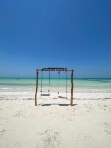 a swing on a beach with the ocean in the background at Barco Verde Hostel in Holbox Island