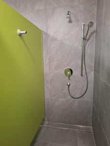 a bathroom with a shower with a green wall at Campingplatz Mariengrund in Bernau am Chiemsee