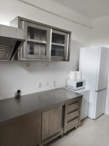 a kitchen with a white refrigerator and a microwave at Penzion U Lipna in Přední Výtoň