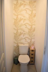 ein Badezimmer mit einer weißen Toilette und einer Tapete in der Unterkunft Grand studio avec jardin à Saint-Aygulf in Fréjus + 4 Fotos