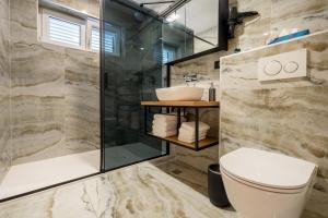 a bathroom with a shower and a toilet and a sink at Villa Marina in Slano +49 photos