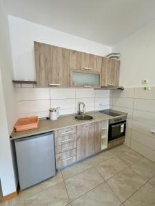 a kitchen with wooden cabinets and a sink at Cozy 1 bedroom APT with free parking in Podgorica +2 photos