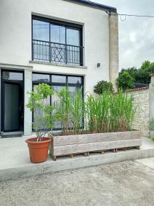 une maison avec des plantes dans une boîte en bois devant elle dans l'établissement Maison individuelle à Caen, à Caen