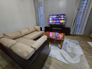 a living room with a couch and a tv at Orgonite SmartHomes in Kampala +5 photos