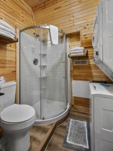 uma casa de banho com um chuveiro e um WC. em Relaxing Getaway Earth Cabin em Newport