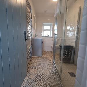 a bathroom with a shower and a toilet and a sink at Coastal Charm Cottage in Knockfin Cross Roads +13 photos